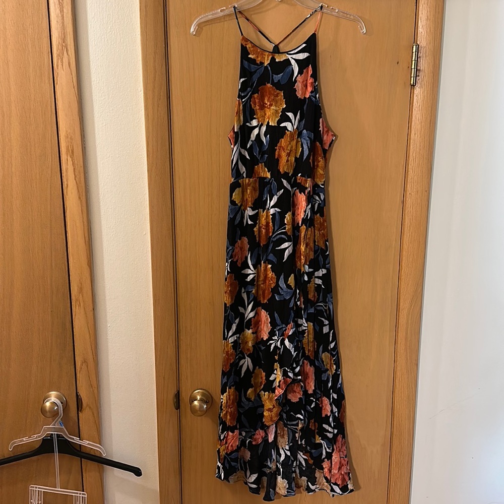 Fika the Brand Floral Gauzy Halter Ruffle Maxi Dress Black Orange Size Medium